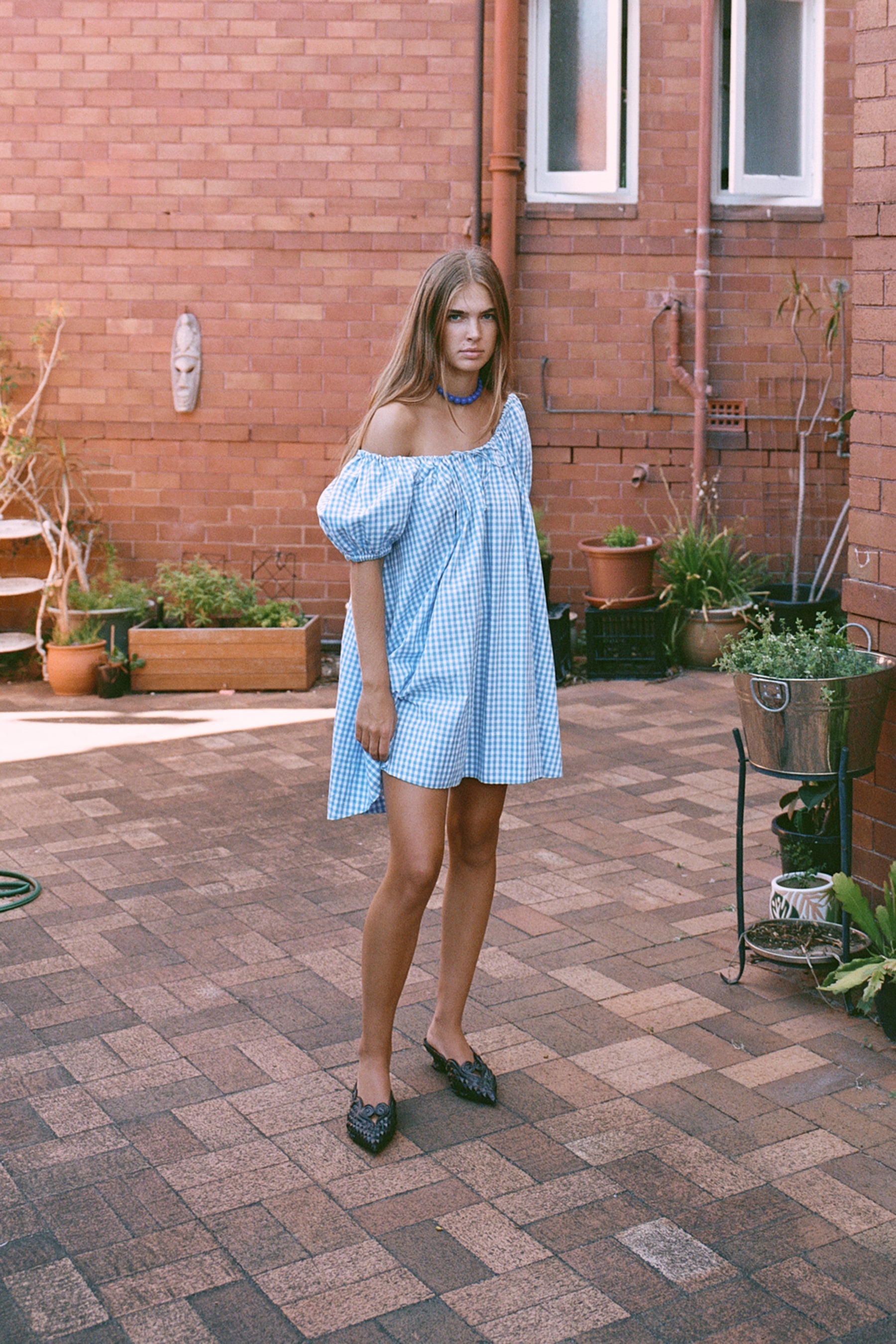 Everyday Drawcord Dress in Baby Blue Gingham
