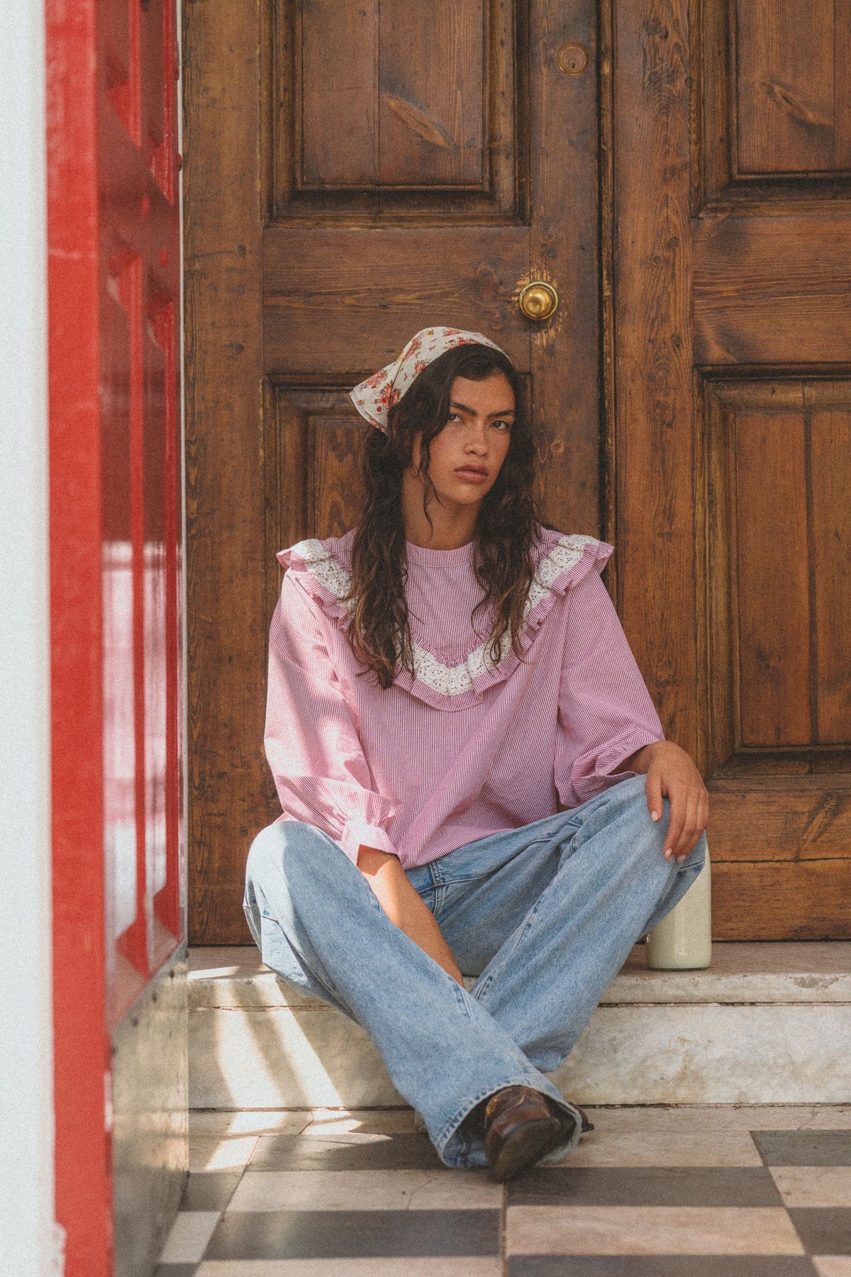 Maggie Blouse in Cottage Red Stripe ~ Bespoke piece
