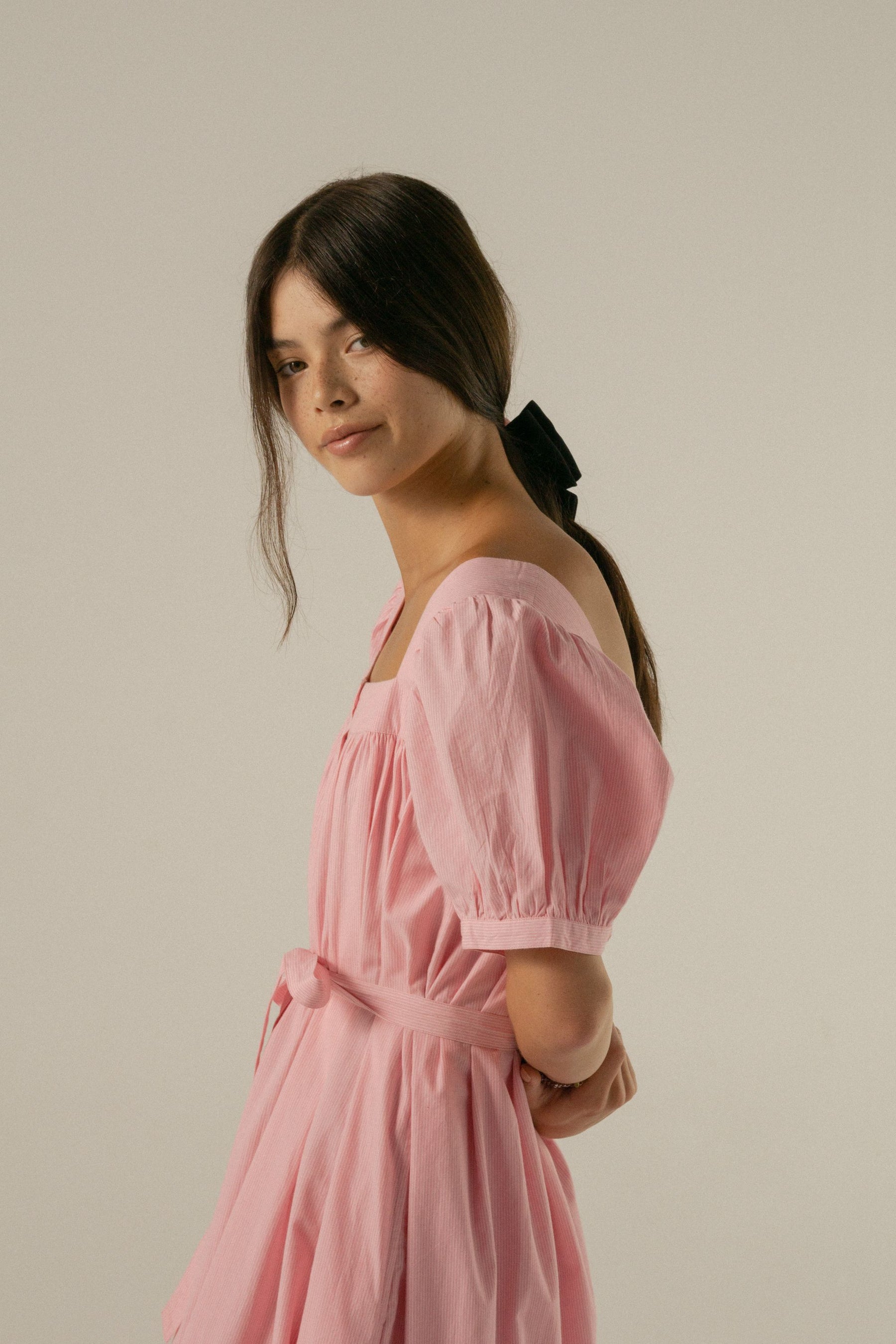 Gigi Midi Dress in Juni Rose Pinstripe