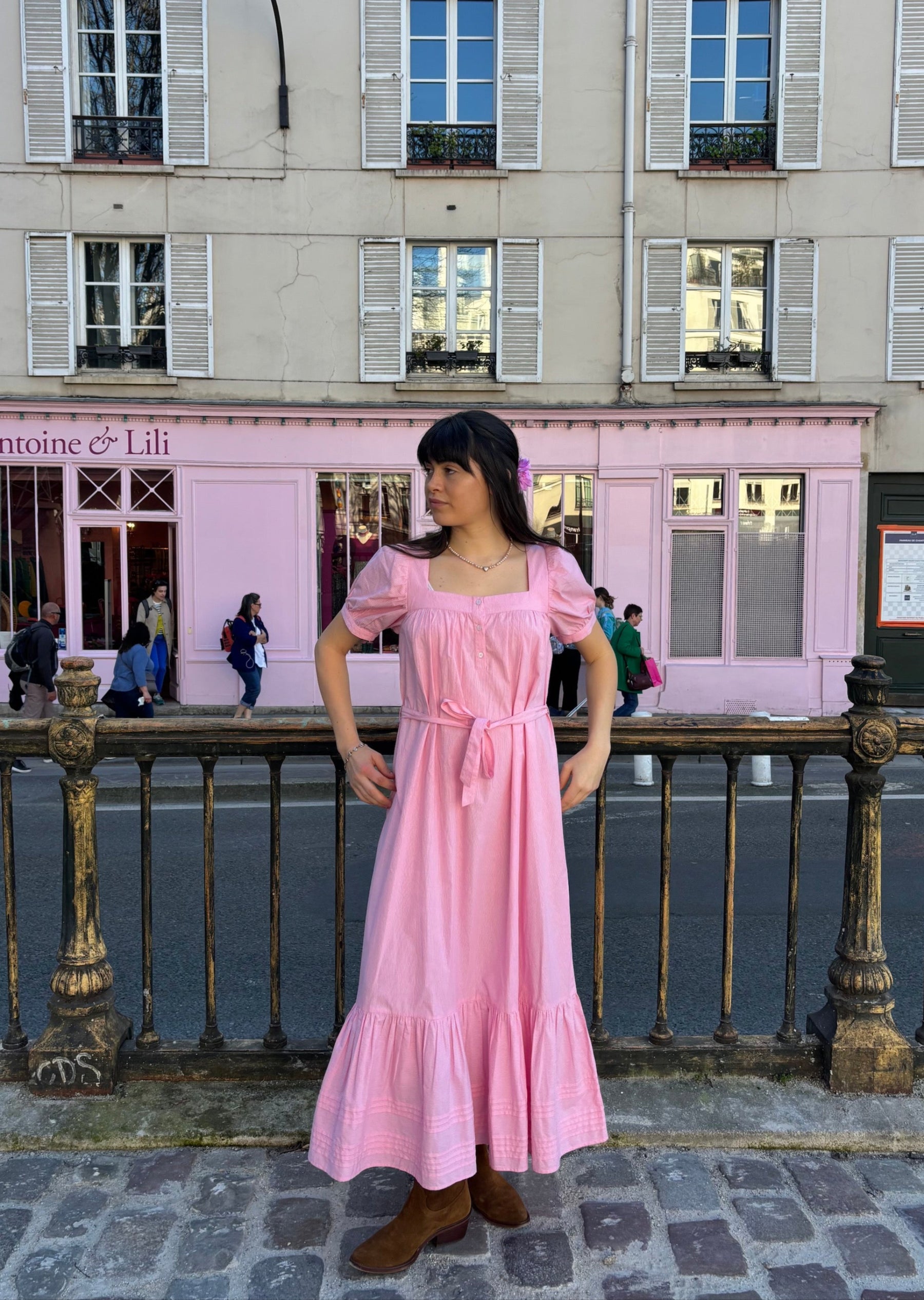Gigi Midi Dress in Juni Rose Pinstripe