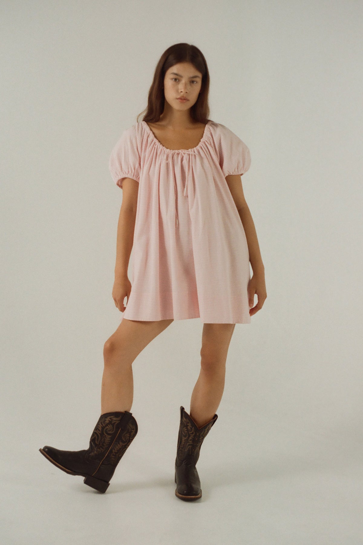 Everyday Drawcord Dress in Baby Pink Gingham