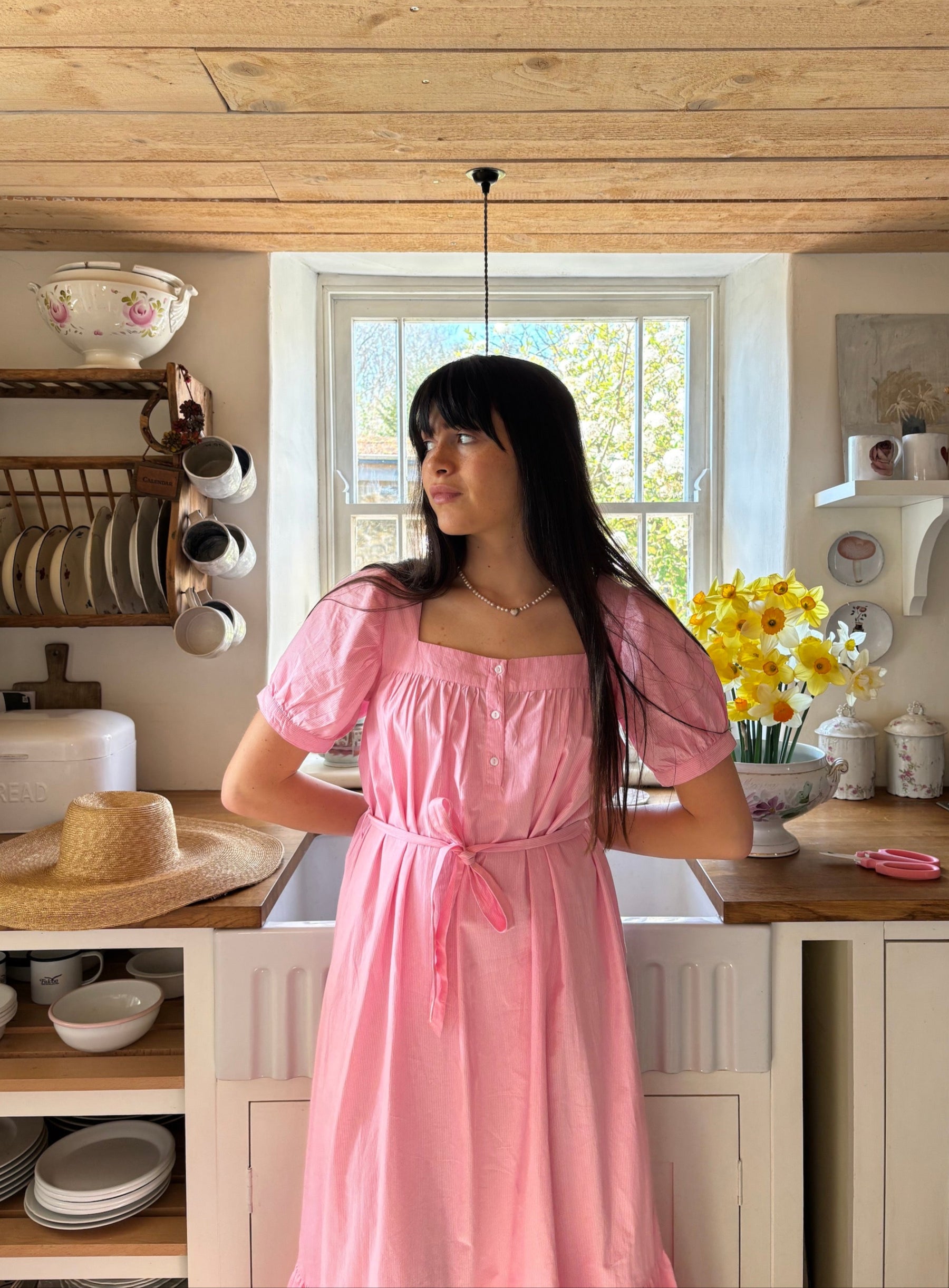 Gigi Midi Dress in Juni Rose Pinstripe