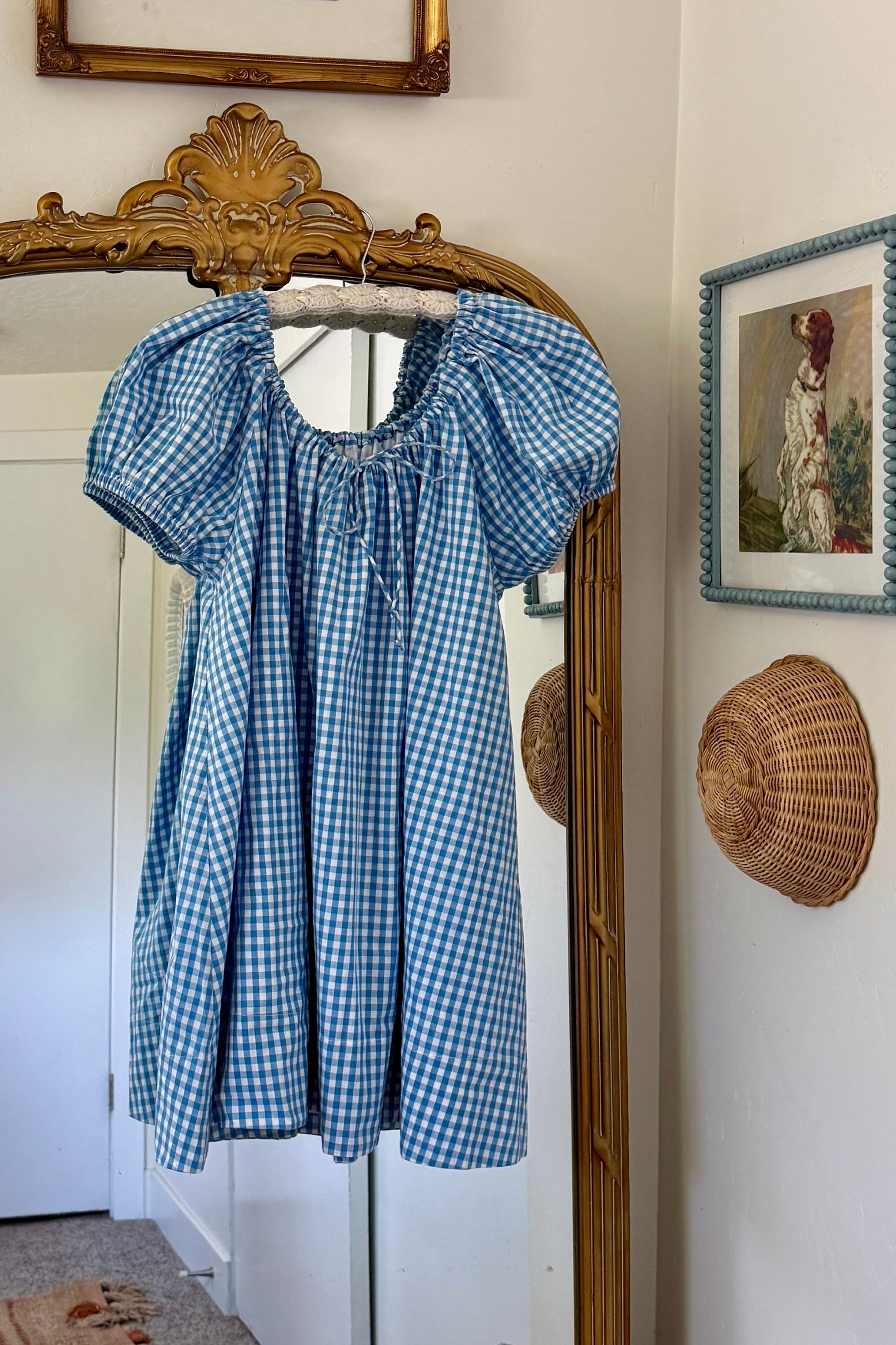 Everyday Drawcord Dress in Baby Blue Gingham