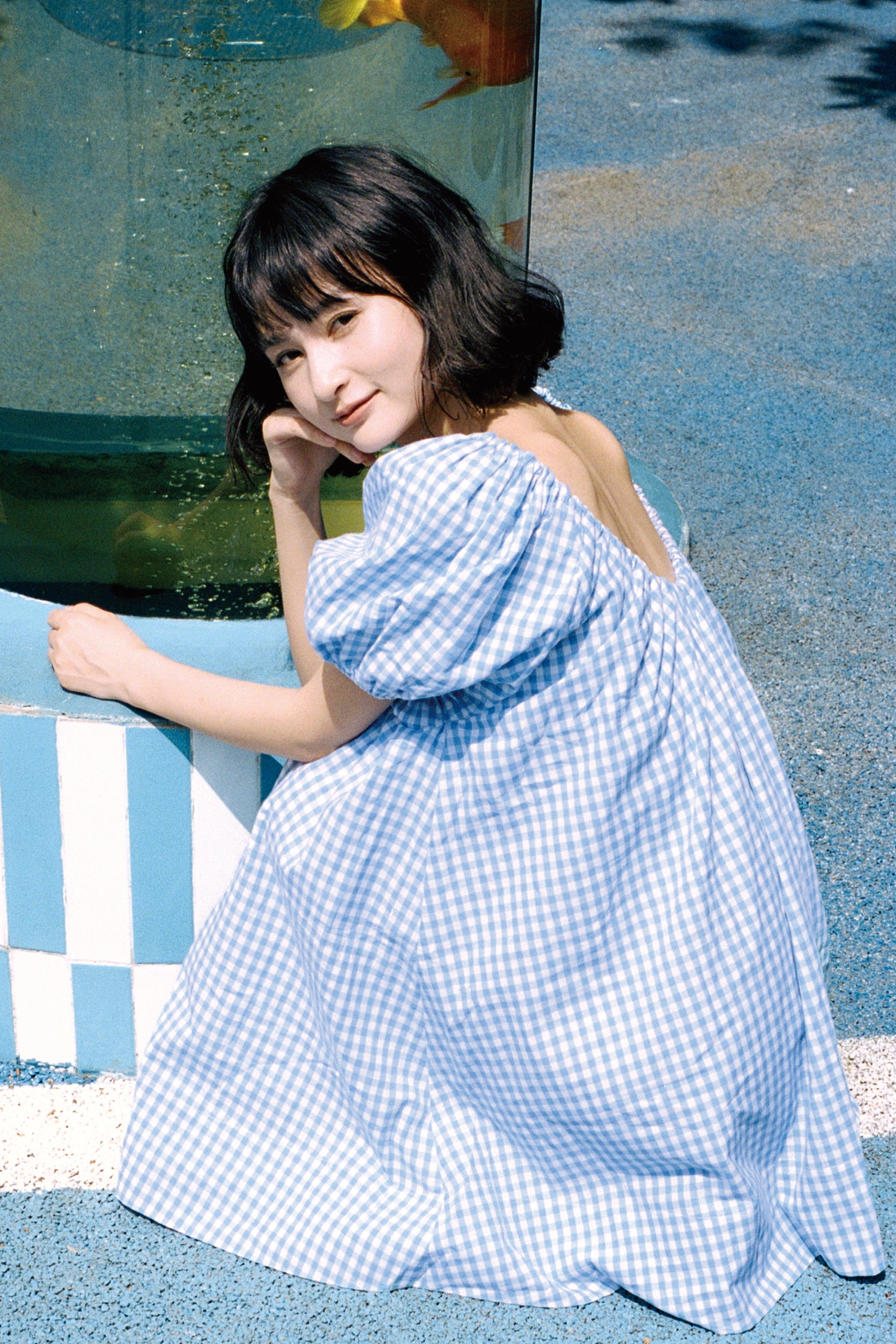 Everyday Drawcord Dress in Baby Blue Gingham