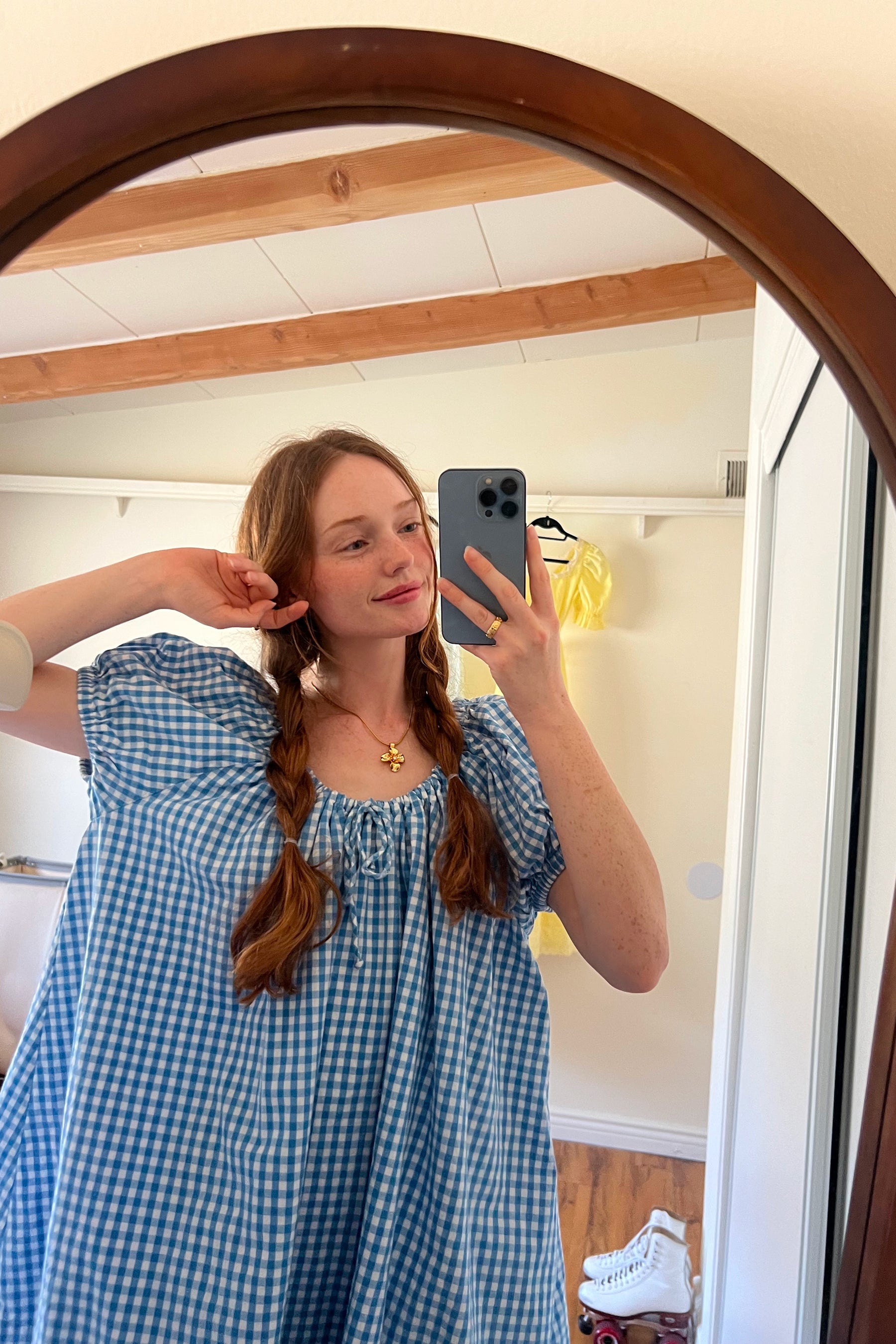 Everyday Drawcord Dress in Baby Blue Gingham