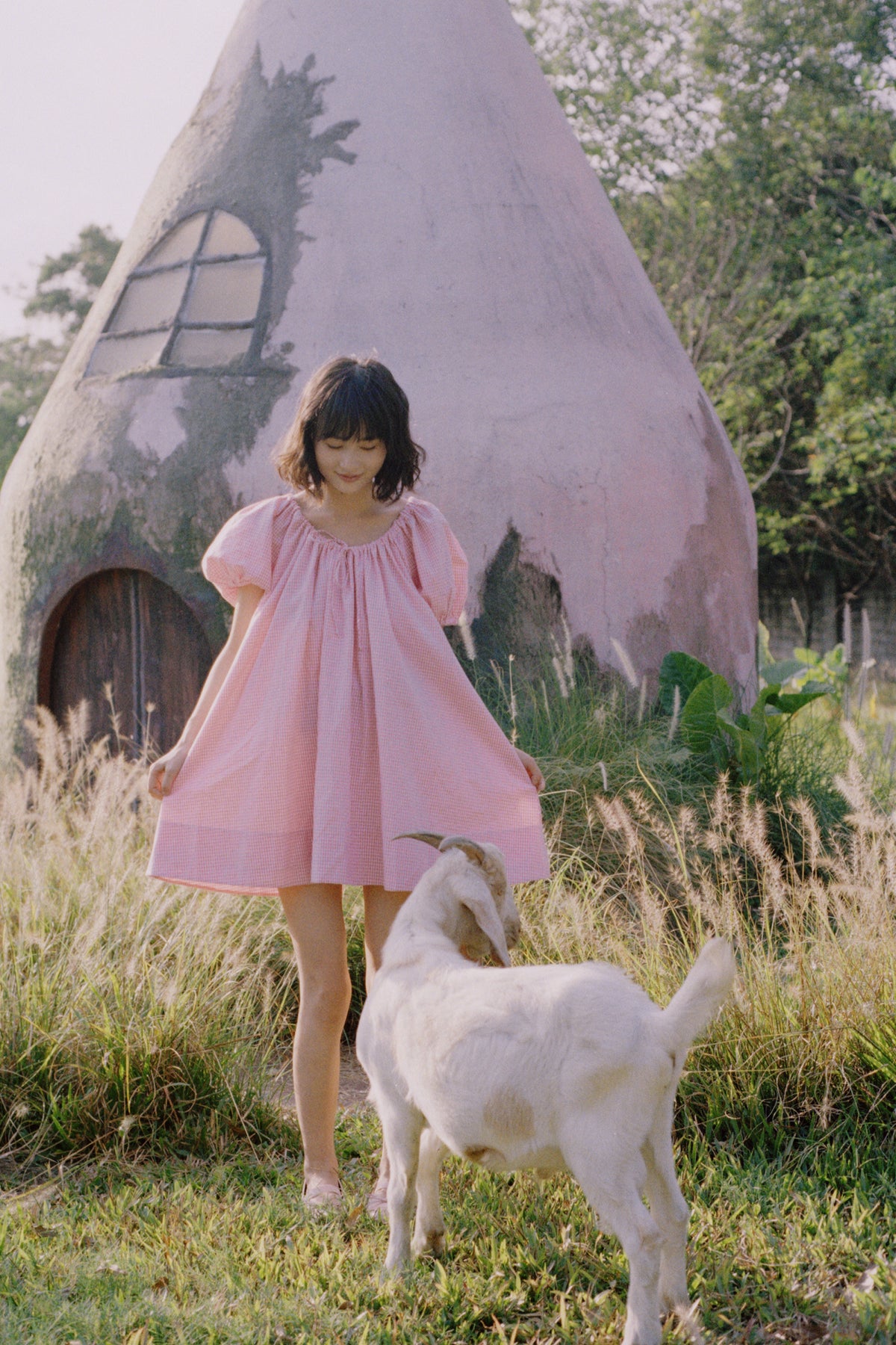 Everyday Drawcord Dress in Baby Pink Gingham