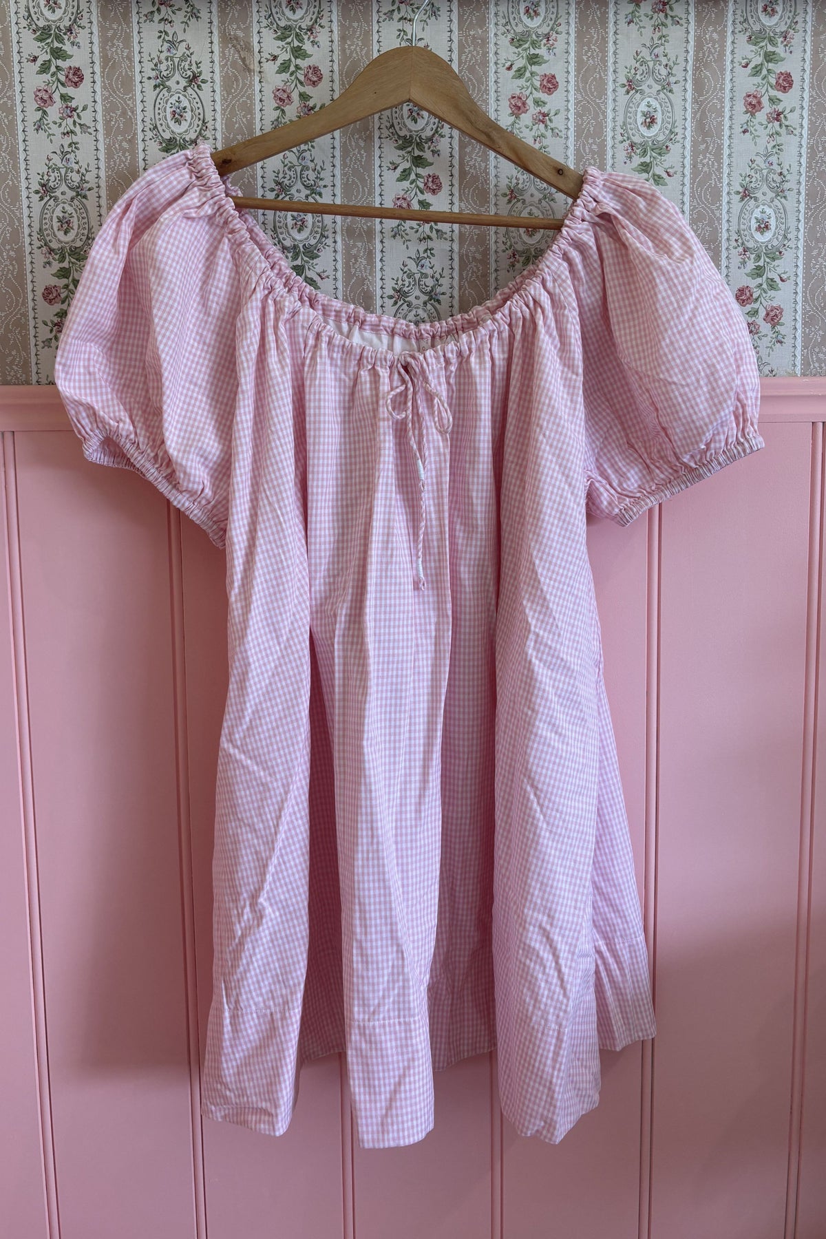 Everyday Drawcord Dress in Pink Gingham
