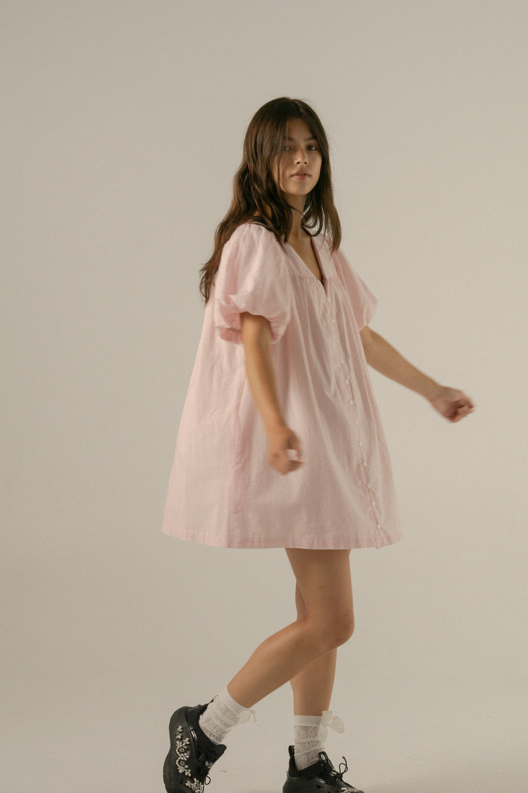 Andi Puff Mini Dress in Rosewater stripe