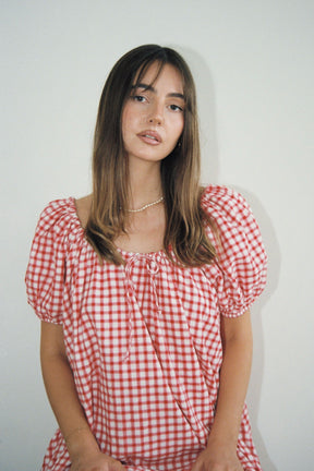 Everyday Drawcord Dress in Red Checker