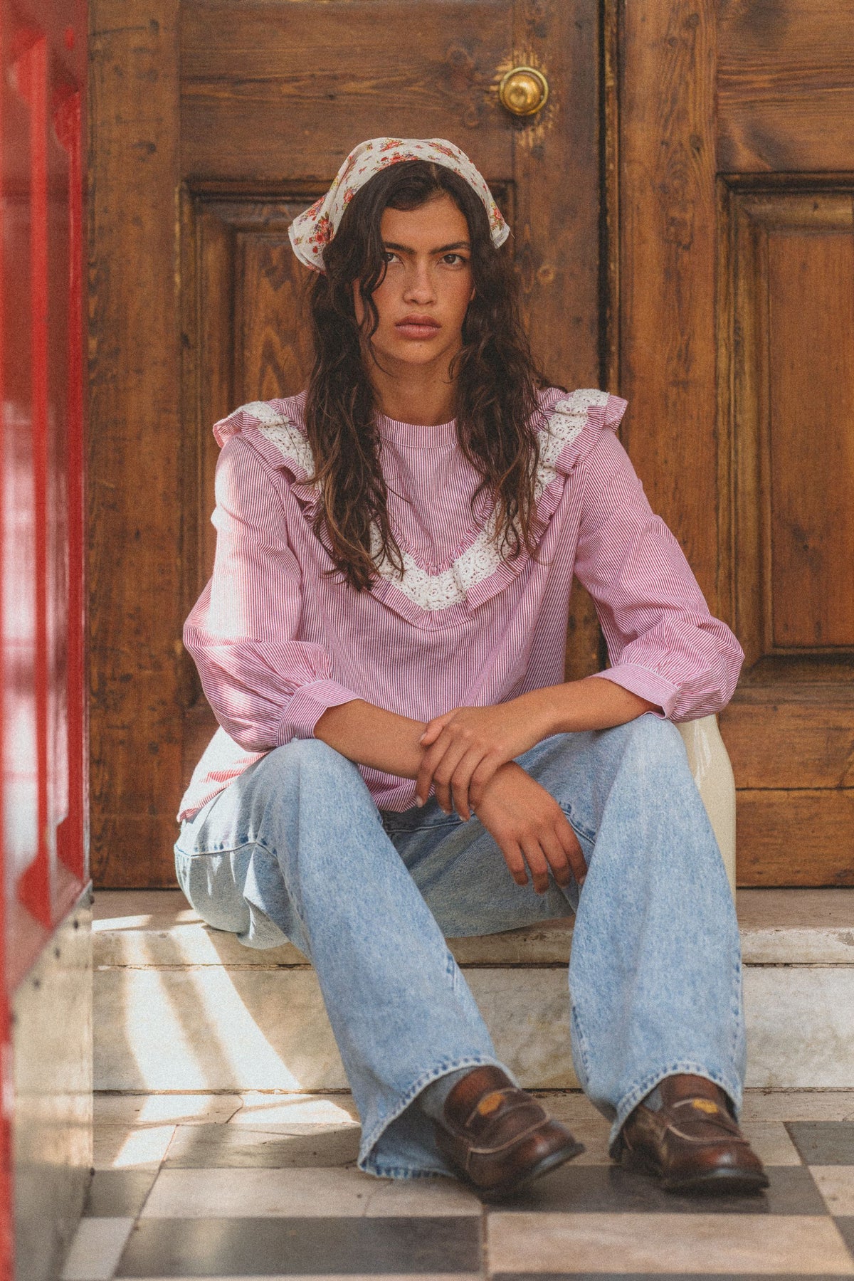 Maggie Blouse in Cottage Red Stripe ~ Bespoke piece