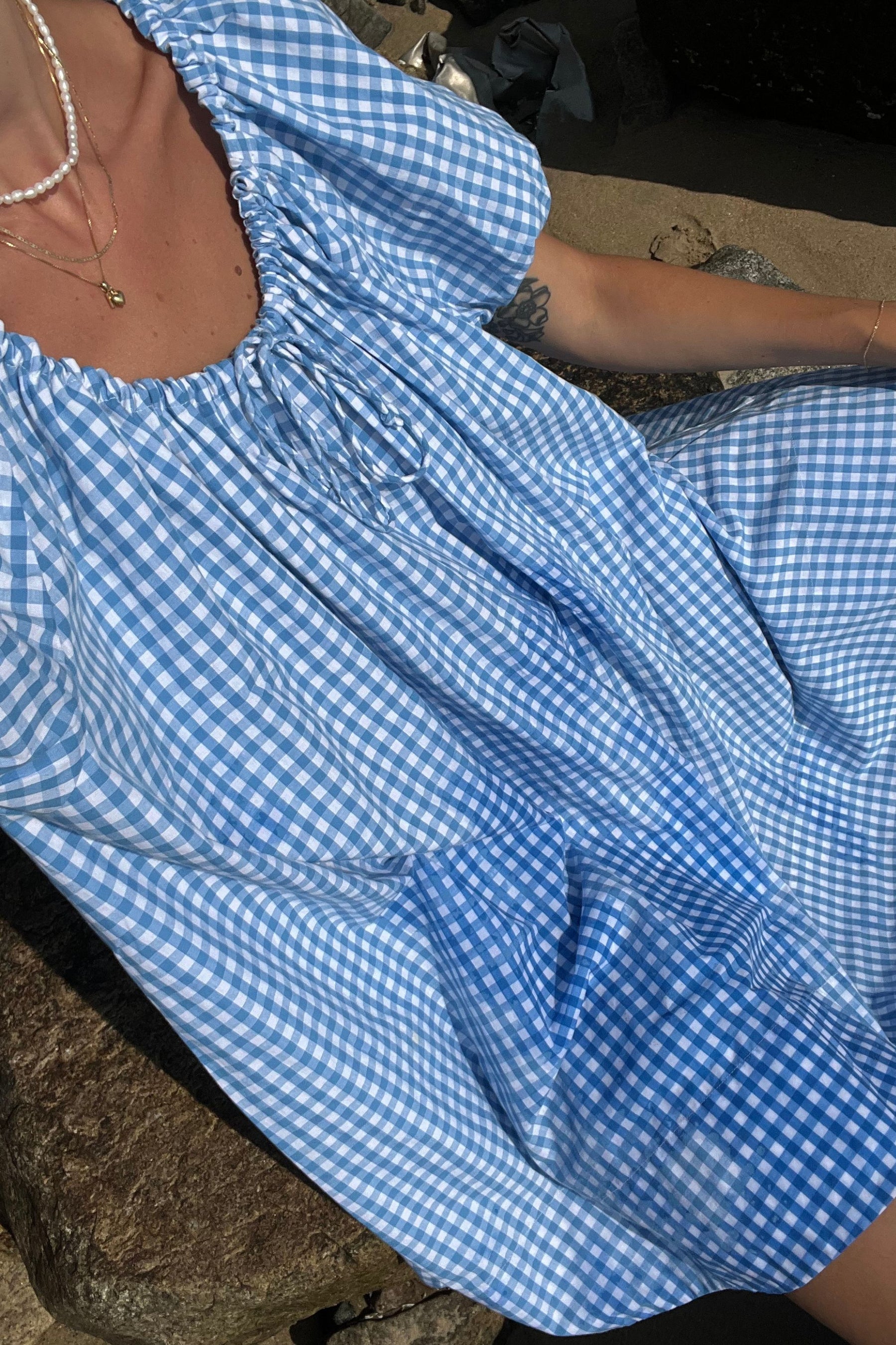 Everyday Drawcord Dress in Baby Blue Gingham