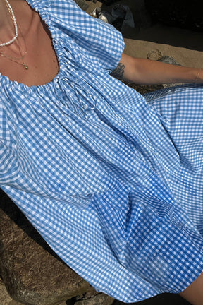 Everyday Drawcord Dress in Baby Blue Gingham