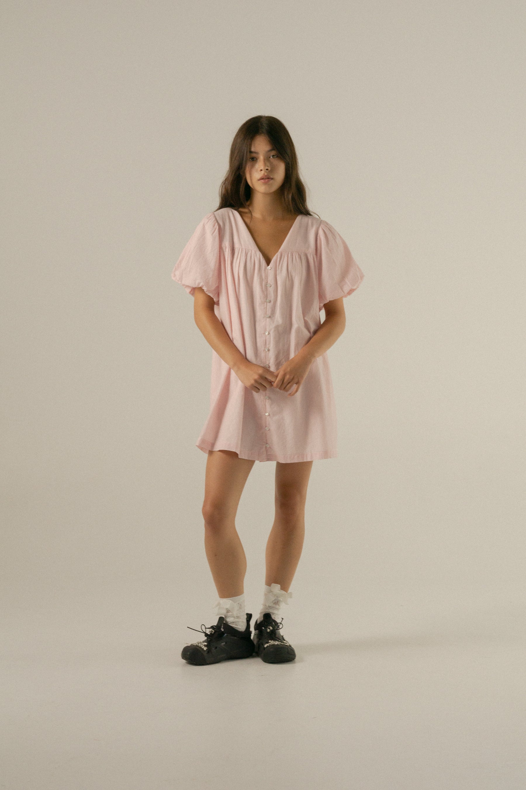 Andi Puff Mini Dress in Rosewater stripe