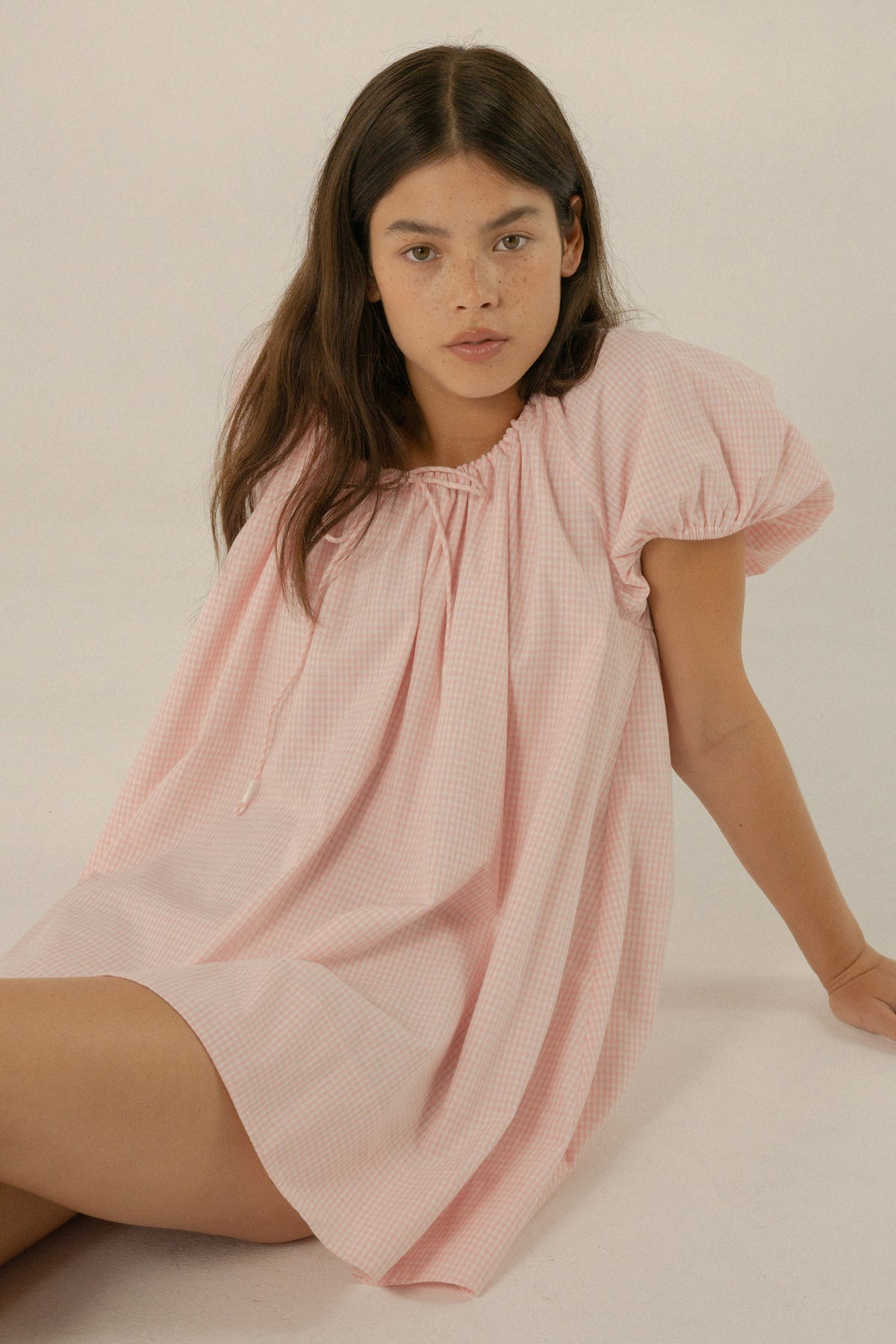 Everyday Drawcord Dress in Baby Pink Gingham