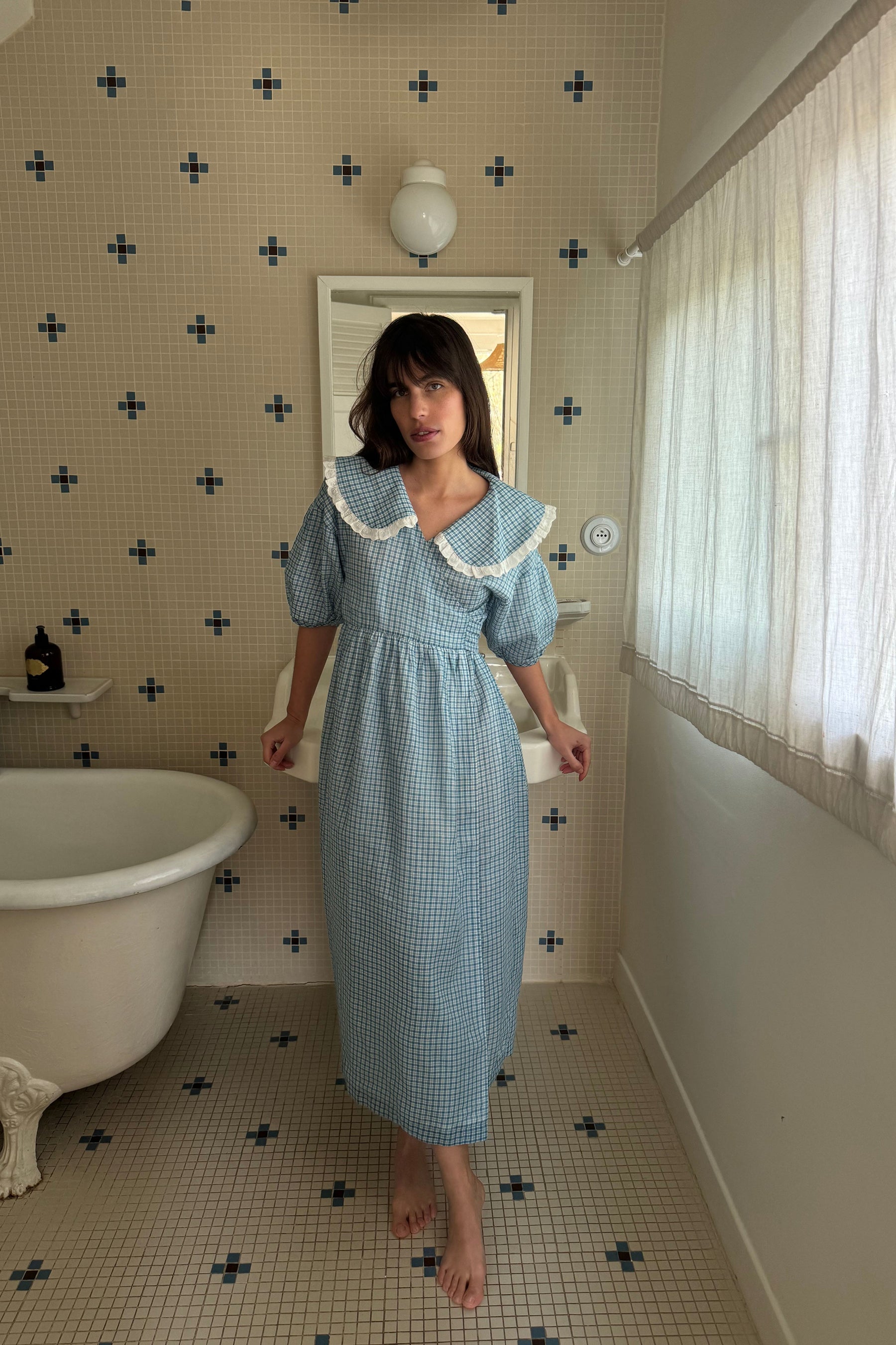 Alina Wrap Dress in Livia Blue Gingham ~ Bespoke Design