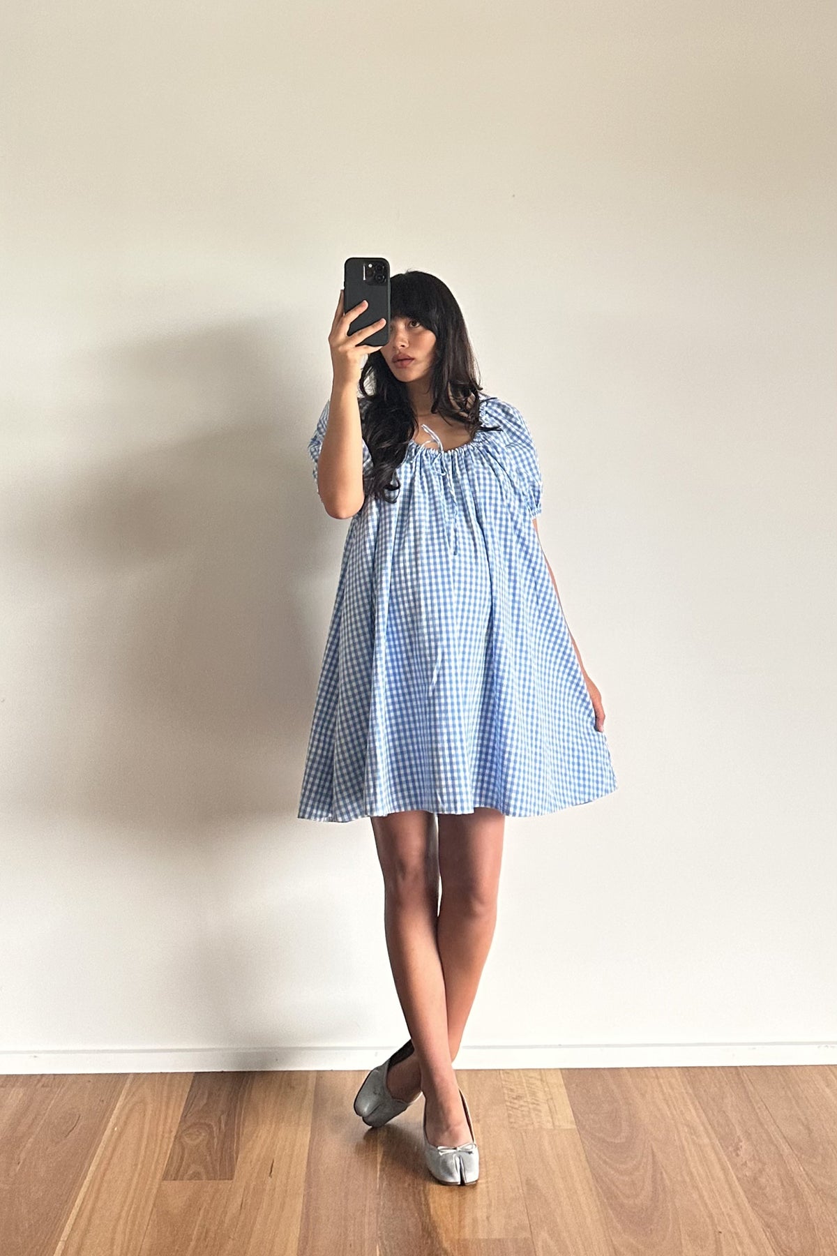 Everyday Drawcord Dress in Baby Blue Gingham