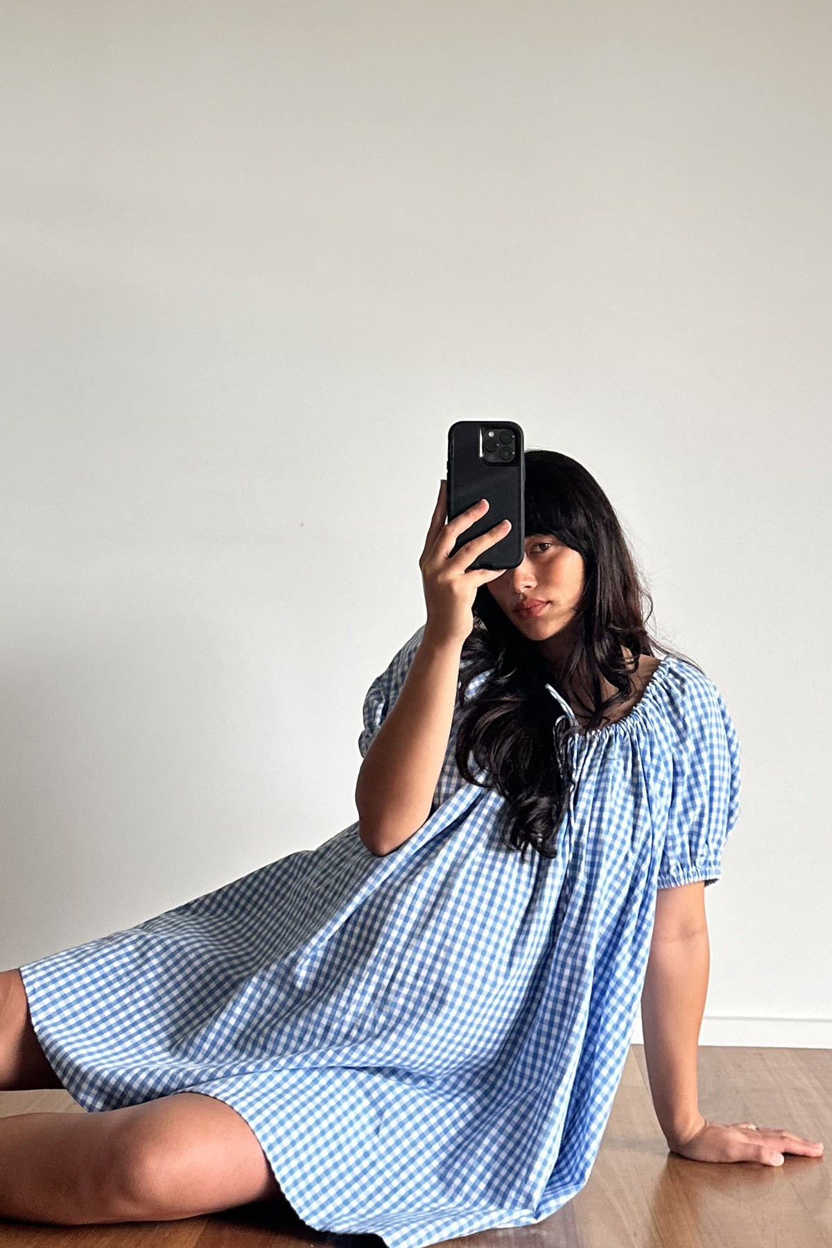 Everyday Drawcord Dress in Baby Blue Gingham