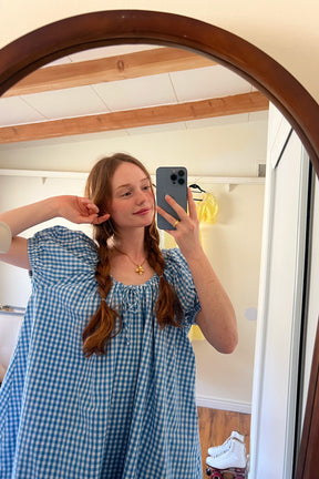 Everyday Drawcord Dress in Baby Blue Gingham
