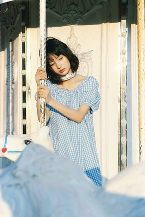 Everyday Drawcord Dress in Baby Blue Gingham