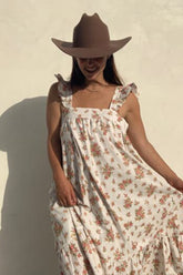 Frill Tea Midi Dress in Della Floral Blush