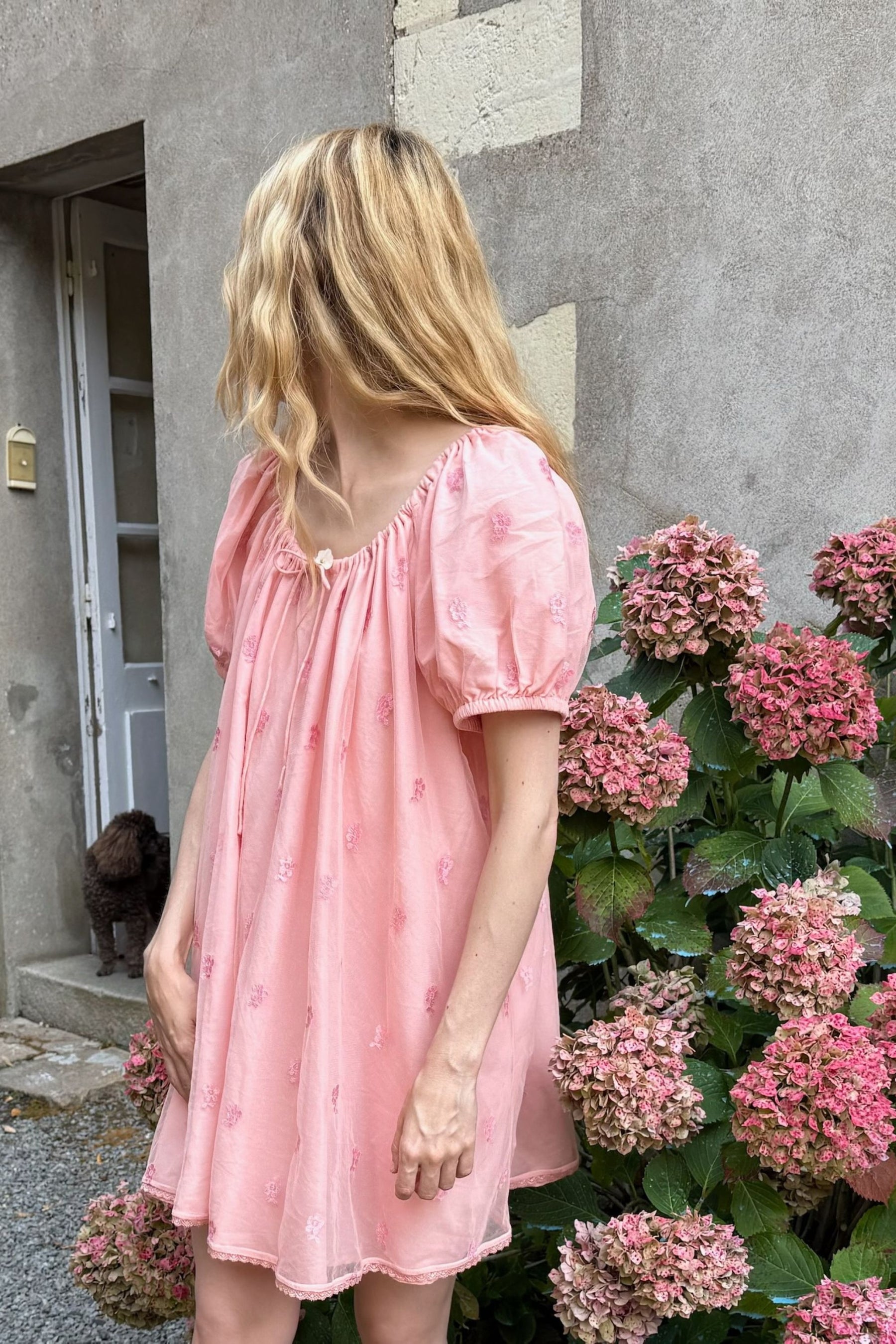 Fleur de Pêche Draw Cord Dress In Lace